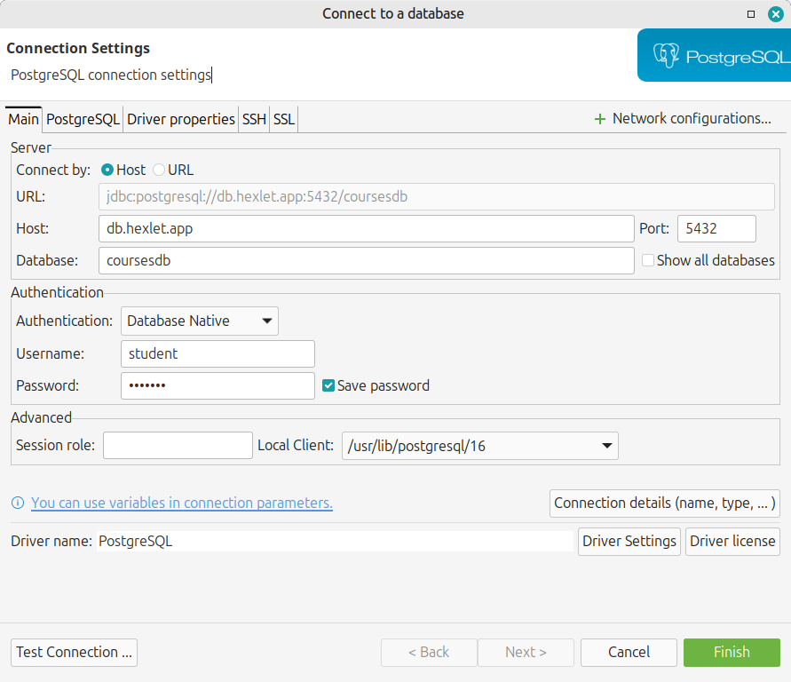 Подключение к базе данных в DBeaver