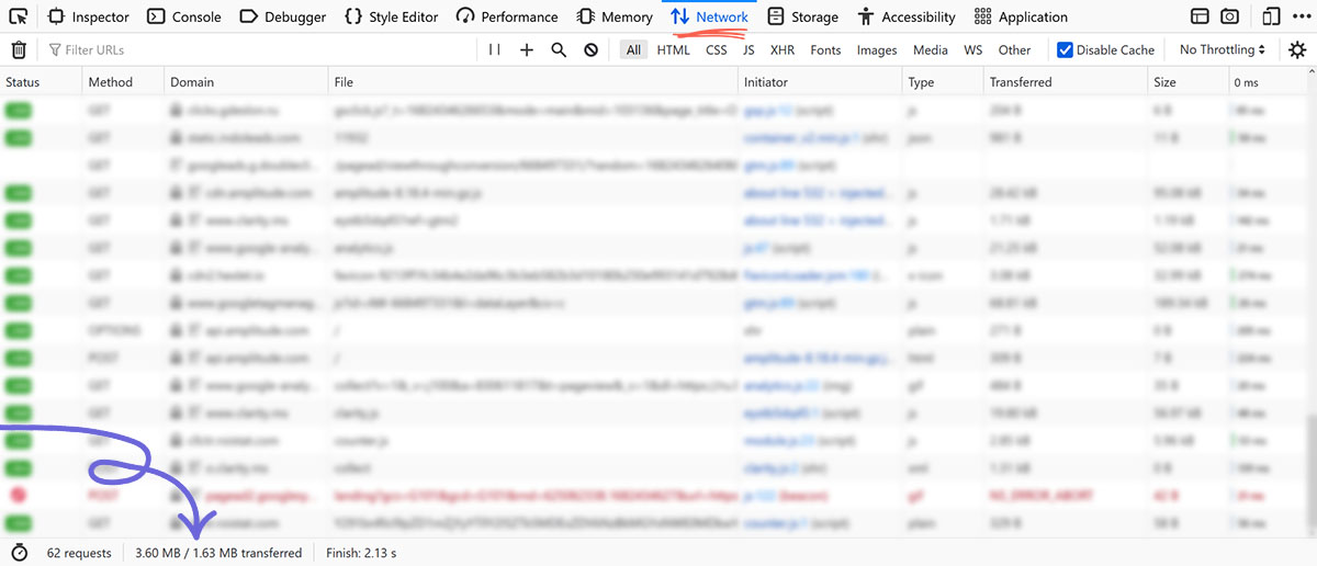 Вкладка Network в Firefox DevTools