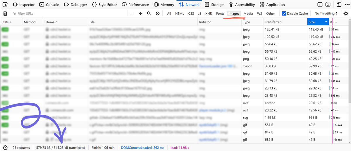 Вкладка Network в Firefox DevTools