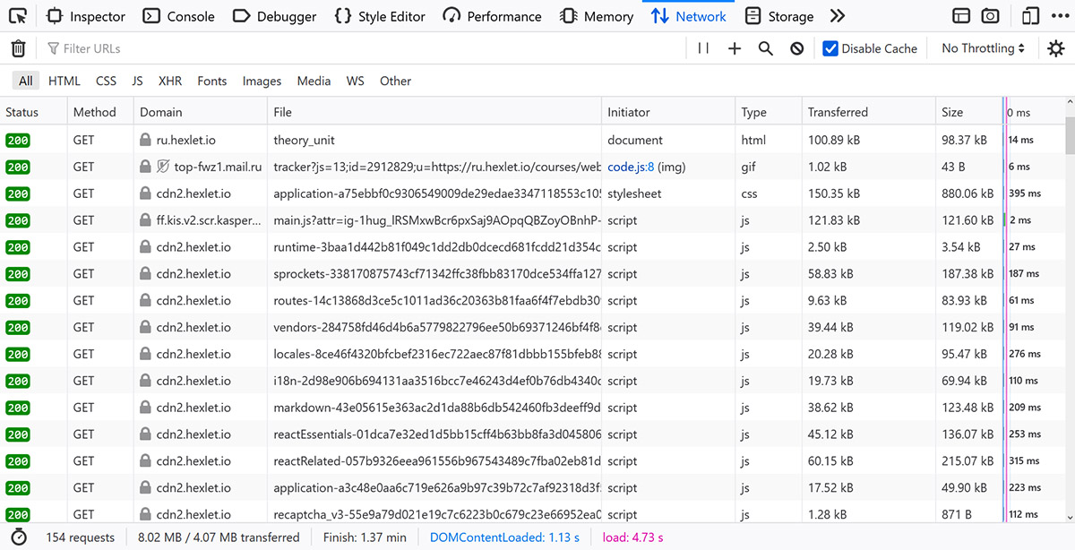 Вкладка Network DevTools